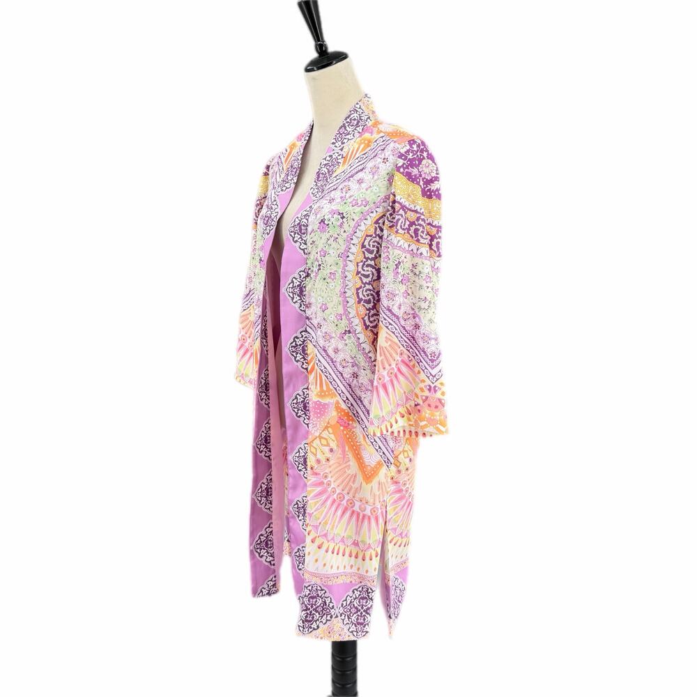 Chico’s Sz 0 Purple Pastel Coastal Tile Floral Satin Boho Chic Duster Cardigan - Picture 3 of 13